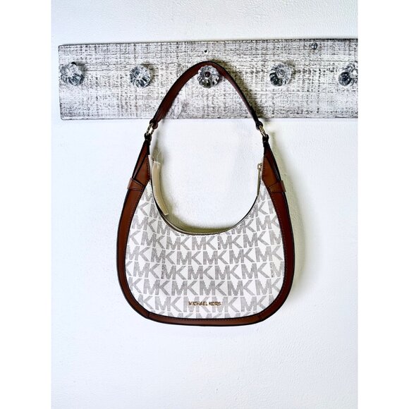 MICHAEL Michael Kors Preston Shoulder Hobo Bag Vanilla Coated Canvas Leather - Picture 1 of 14